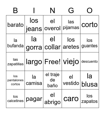 SP1~Spanish Clothing & Accessories Bingo Card