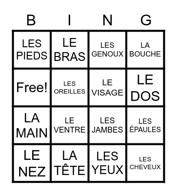 FRENCH BODY PARTS - LE CORPS Bingo Card