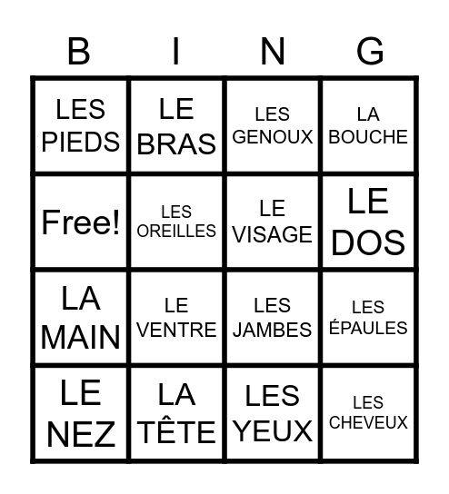 FRENCH BODY PARTS - LE CORPS Bingo Card