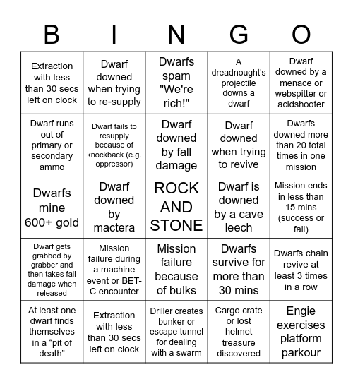 Deep Rock Galactic Bingo Card