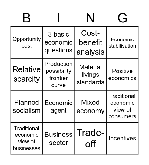 VCE Economics, Unit 1 AoS 1 Bingo Card