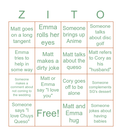 Let's BINGO for the ZITOs Bingo Card