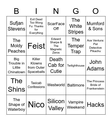 HBO, Twee Music, Movie Mashups Bingo Card