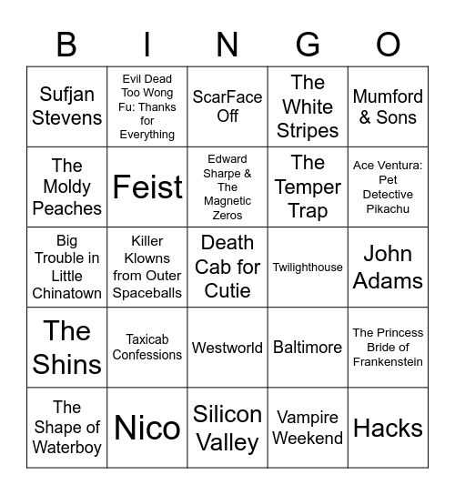 HBO, Twee Music, Movie Mashups Bingo Card