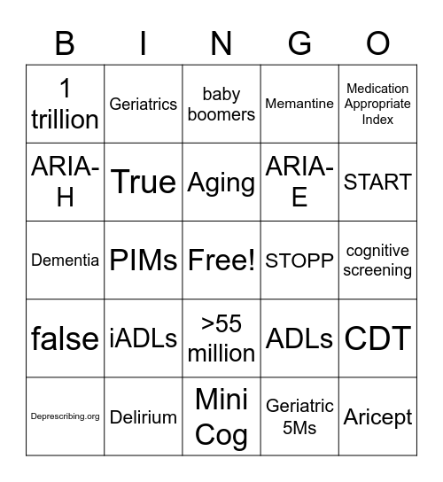 Geriatric Bingo Card