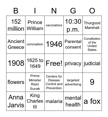 May 10 Current Events Bingo Card