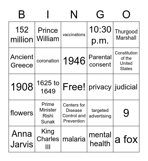 May 10 Current Events Bingo Card