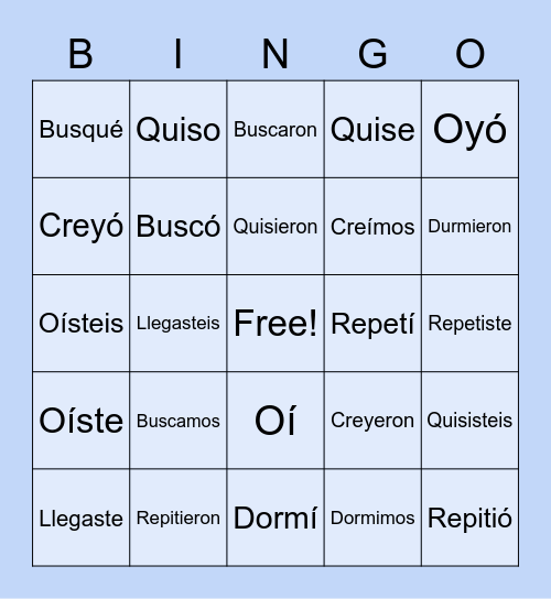 Preterite Conjugation Bingo Card