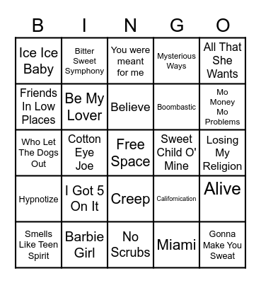 90's Music Bingo Card