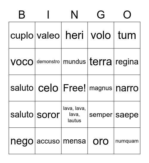 First Form Latin Bingo Card