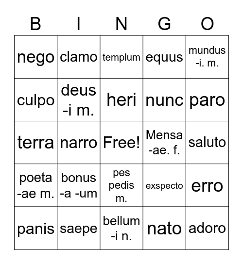 First Form Latin Bingo Card