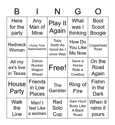 Country Music Bingo Card