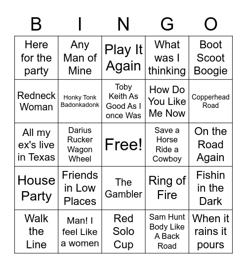 Country Music Bingo Card