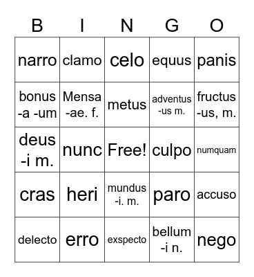 First Form Latin 1 Bingo Card