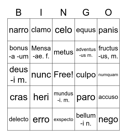 First Form Latin 1 Bingo Card