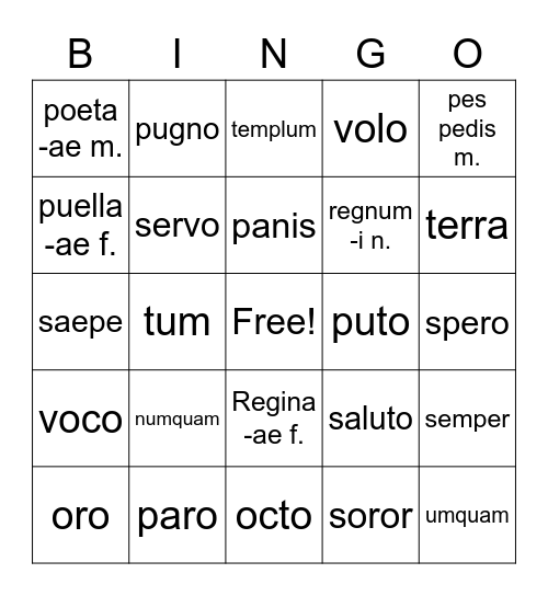 First Form Latin 2 Bingo Card