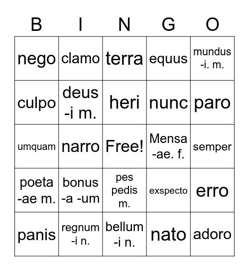 First Form Latin 3 Bingo Card