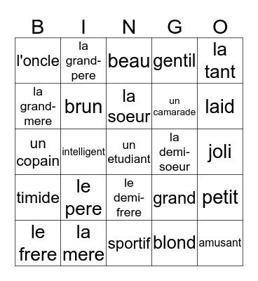 French 2 Unit 1 Bingo Card