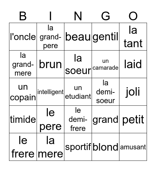 French 2 Unit 1 Bingo Card