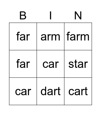 AR words Bingo Card