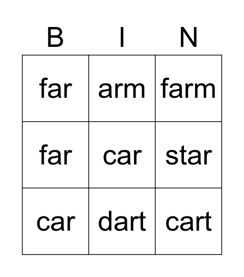 AR words Bingo Card