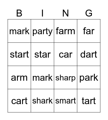AR words Bingo Card