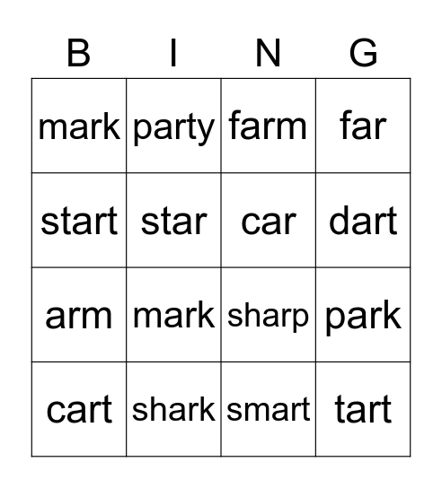 AR words Bingo Card