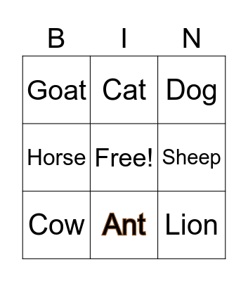 Animals Bingo Card