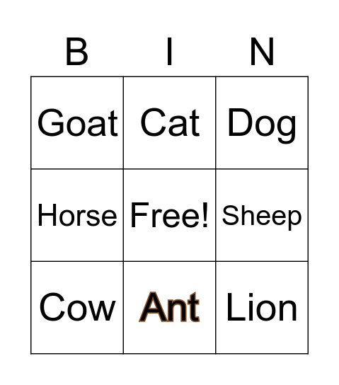 Animals Bingo Card