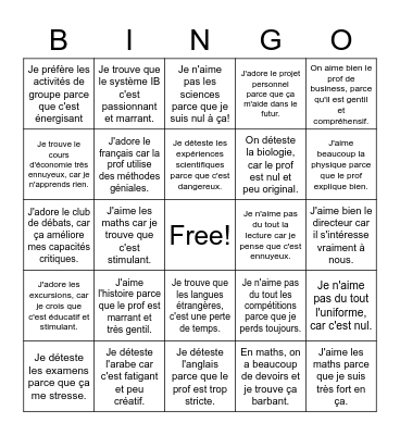 Exprimer des opinions sur les activités scolaires Bingo Card