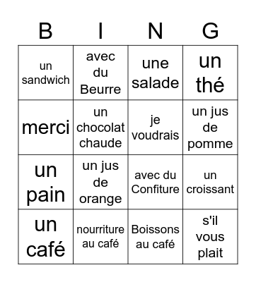 French Cafe Bingo Card