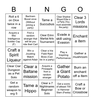 Mabinogi Lockout (Can not use any previously acquired materials for any of these challenges. Also cannot use the Bank or AH) Bingo Card