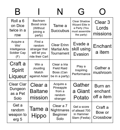 Mabinogi Lockout (Can not use any previously acquired materials for any of these challenges. Also cannot use the Bank or AH) Bingo Card