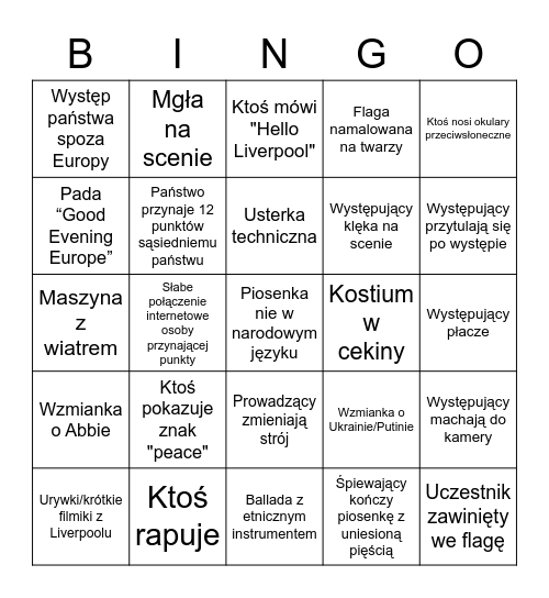 EUROVISION 2023 Bingo Card