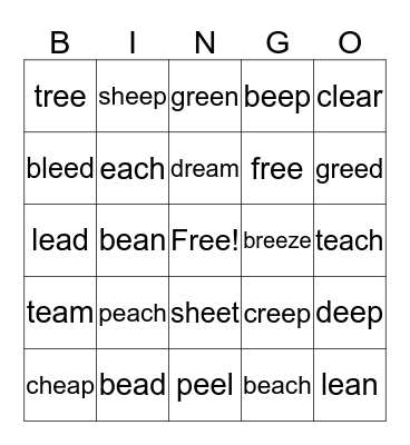 Long e words Bingo Card