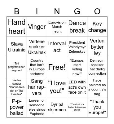 Eurovision 2023 Bingo Card