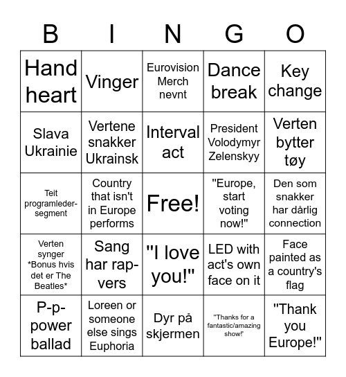 Eurovision 2023 Bingo Card