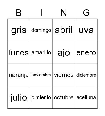 Unidad 7 Bingo Card