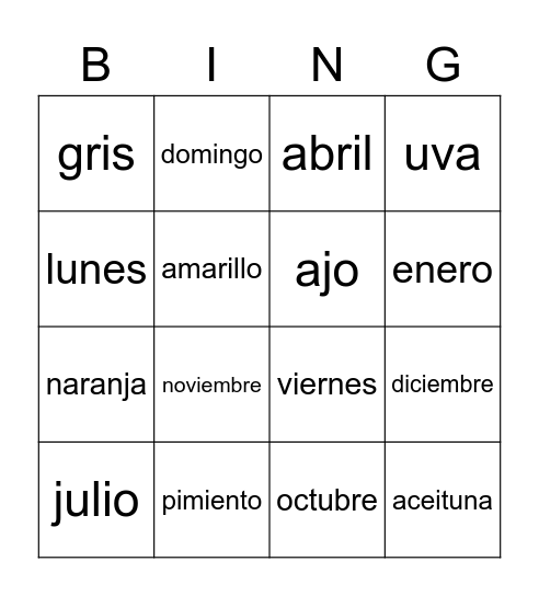 Unidad 7 Bingo Card