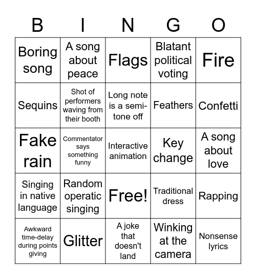 Eurovision Bingo Card