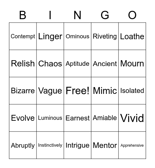 Vocabulary Words Bingo Card