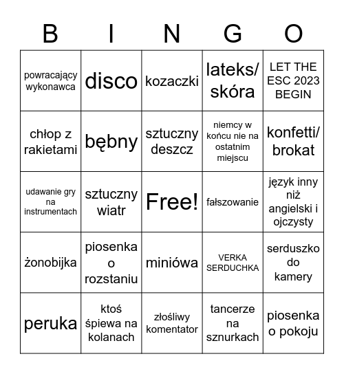 EUROWIZJA 2023 Bingo Card