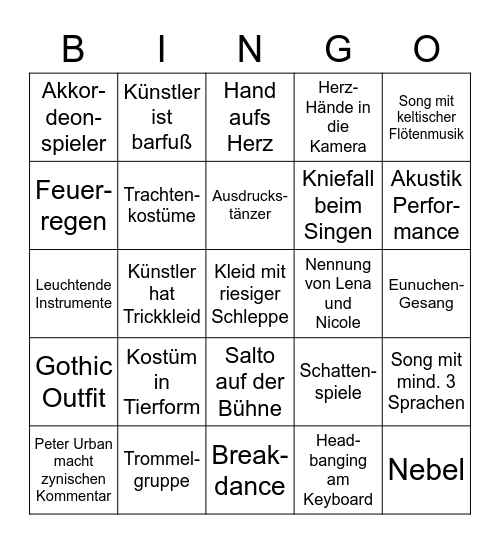 ESC 2023 Bingo Card