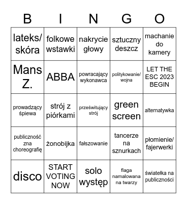 EUROWIZJA 2023 Bingo Card