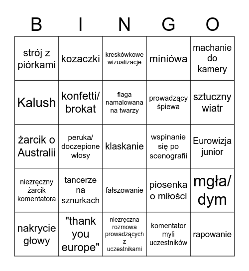 EUROWIZJA 2023 Bingo Card