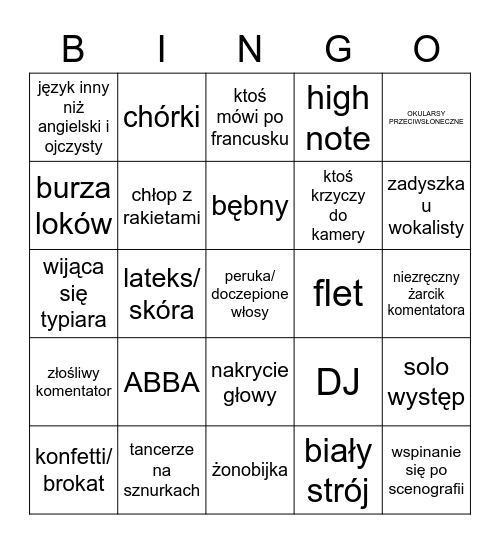 EUROWIZJA 2023 Bingo Card