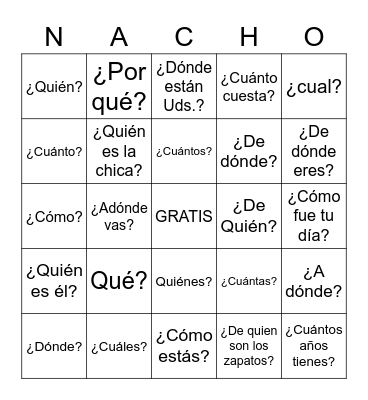 Question Words Bingo Card