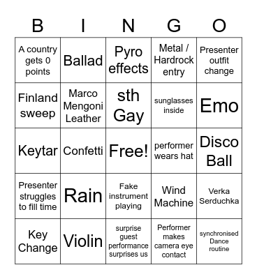 Eurovision Bingo Card