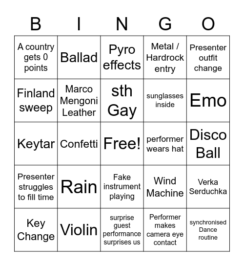 Eurovision Bingo Card