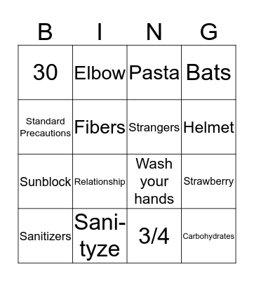 Health Safety Nutrition Bingo Card